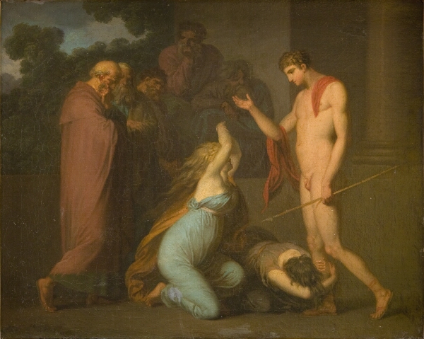 Nicolai Abildgaard, Ødipus´ døtre Ismene og Antigone bønfalder Theseus om at vise dem stedet hvor deres far er begravet