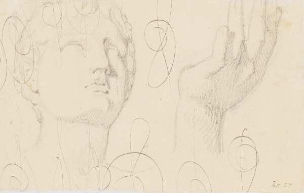 Johan Thomas Lundbye, Studie af en hånd t.v. og studie af et figurhoved t.h. Illustration til Kaalunds "Fabler for Børn". Se kommentar fra arkkatalog.