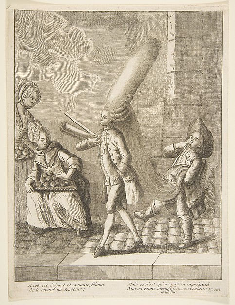 Anonymous, French, 18th century, A voir cet élégant et sa haute frisure, On le croiroit un Senateur, Mais ce n'est qu'un garcon marchand, Dont sa bonne mesure sera son bonheru ou son malheur