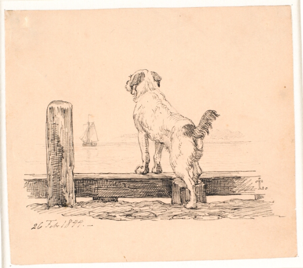 Johan Thomas Lundbye, Hunden ved stranden. Illustration til Kaalunds "Fabler for Børn". Se kommentar fra arkkatalog.