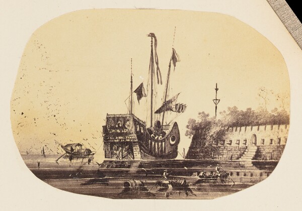 Unknown, [Photographic Copy of a Drawing of a Moored Ship Next to a Fort]