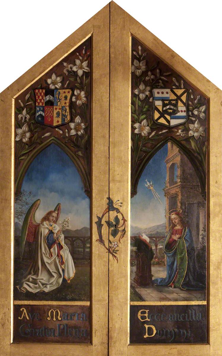 Georgiana Chatterton, Triptych: centre panel: The Madonna in Adoration; pediment: Virgin in Glory; exterior of wings: Virgin Annunciate and Archangel Gabriel; interior of wings: The Visitation; Nativity; Presentation; Chri