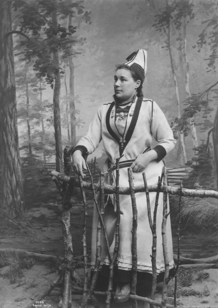 Axel Lindahl, Kvinne i sørsamisk inspirert drakt holder i et gjerde, fotografert på fotoatelier med malt skog som bakgrunn, ca. 1885-92.