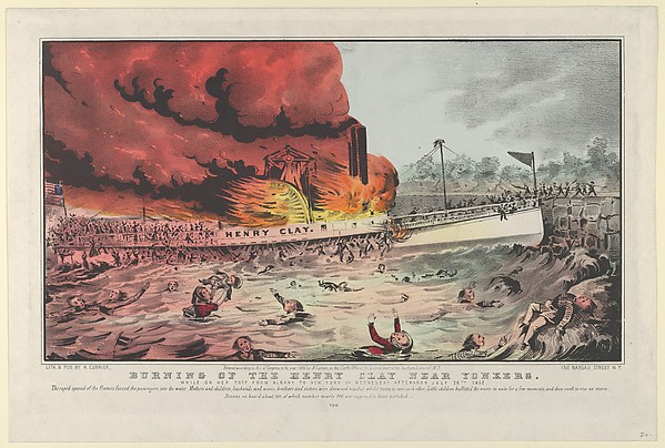 Nathaniel Currier, Burning of the Henry Clay Near Yonkers–While on Her Trip From Albany to New York on Wednesday Afternoon July 28th, 1852.–The rapid spread of the flames forced the passengers into the water. Mothers and children, husbands and wives, brothers and sisters were drowned together, whilst trying to save e…