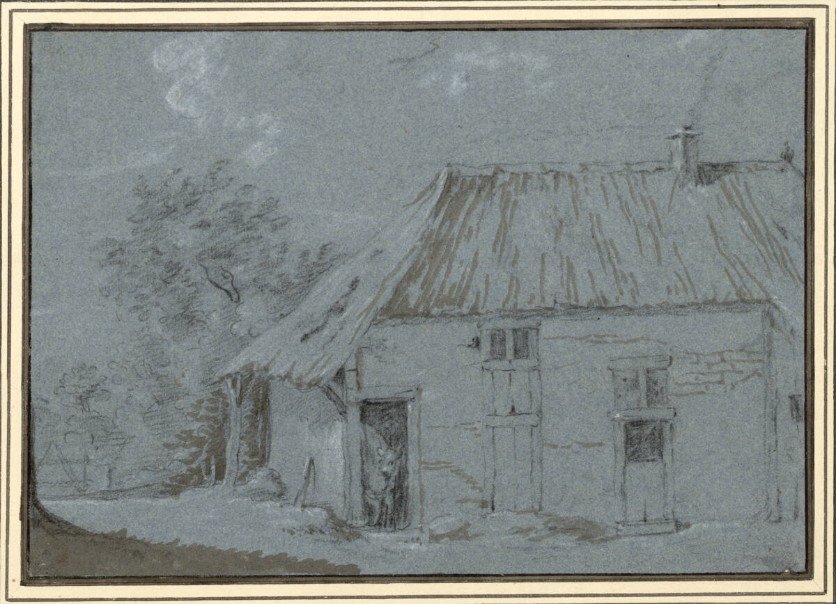 Anonym, Strohgedecktes Bauernhaus mit heraustretender Kuh