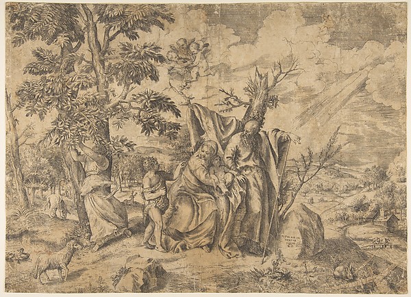 Giulio Bonasone, The Rest on the Flight into Egypt, Joseph at right, the Virgin holds the Christ Child in the centre, other figures to the left