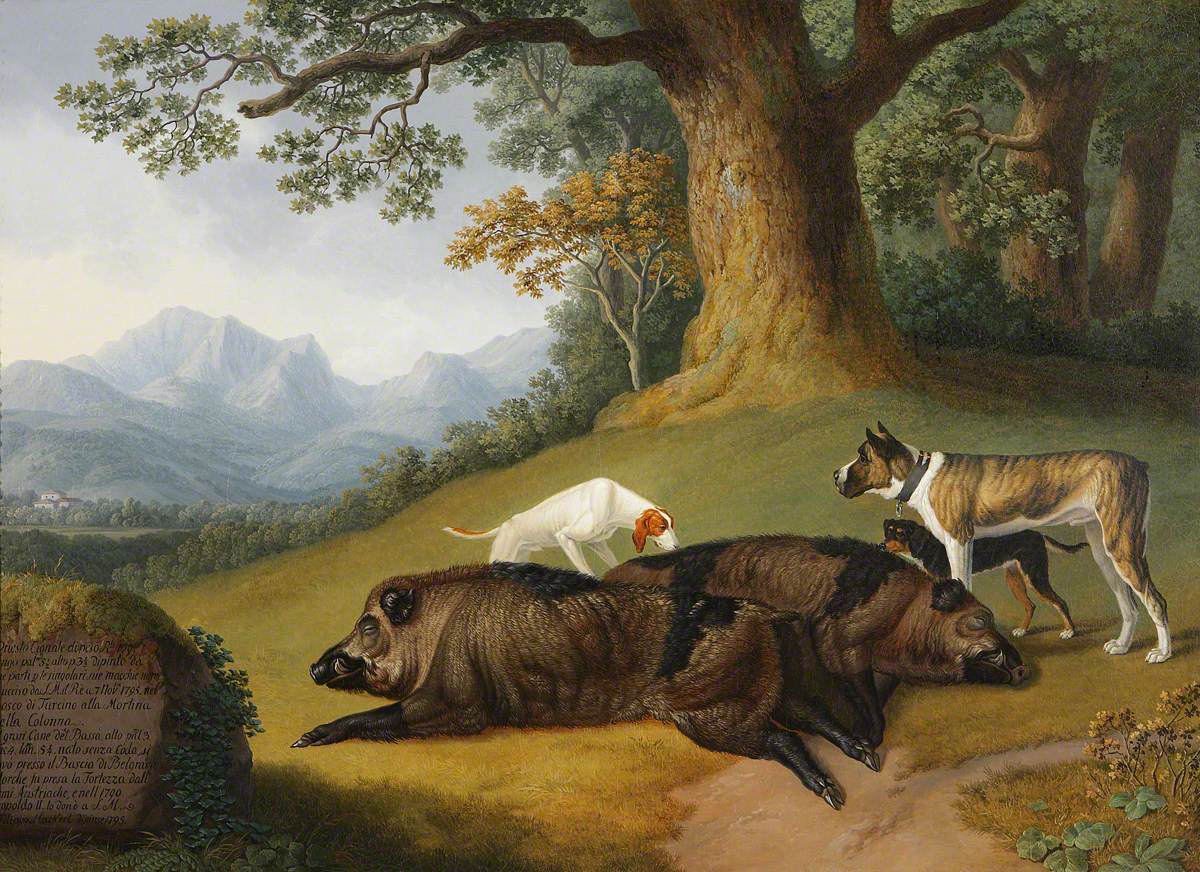 Jacob Philipp Hackert, Two Views of a Dead Boar with a Mastiff and two other Dogs