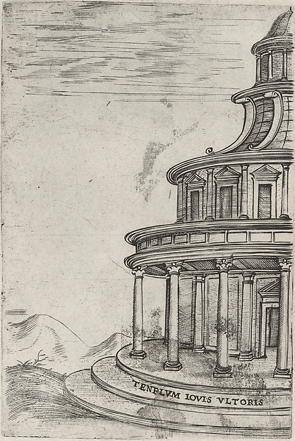 Anonymous, Italian, 16th century, Tenplum (sic) Iovis Ultoris, from a series depicting (reconstructed) buildings from Roman antiquity