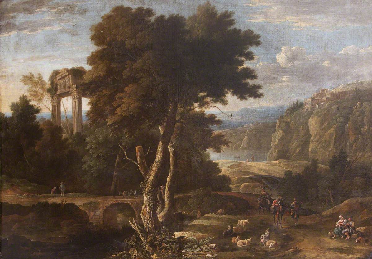 Gaspar de Witte, Classical Landscape with Travellers and a River