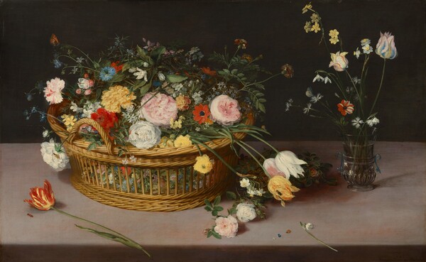 Jan Brueghel the Elder, Flowers in a Basket and a Vase