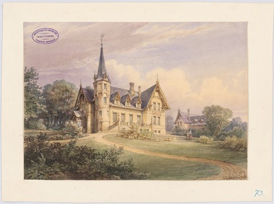 Lüdecke Carl Johann Bogislaw, Landgut Treutler, Neu-Weißstein Landhaus: Perspektivische Ansicht Westseite