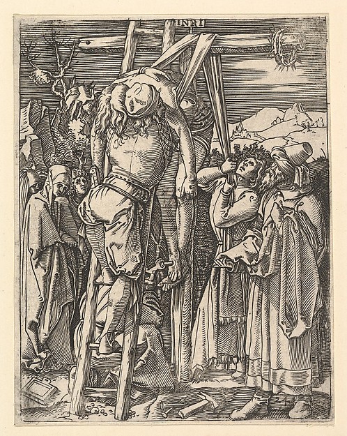 Marcantonio Raimondi, The Descent from the Cross; Christ being taken from the cross, St John supports weight with cloth rope, from "The Passion of Christ", after Dürer