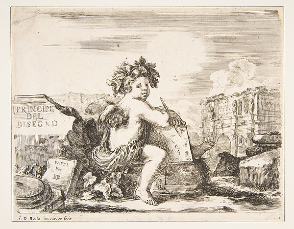 Stefano della Bella, Plate 1: the genius of drawing, a child with wings, seated on a rock in center turned towards the right, holding a drawing pad and pen, ruins including a triumphal arch to right in the background, the title page from 'The Principles of Design' (I principii del disegno)