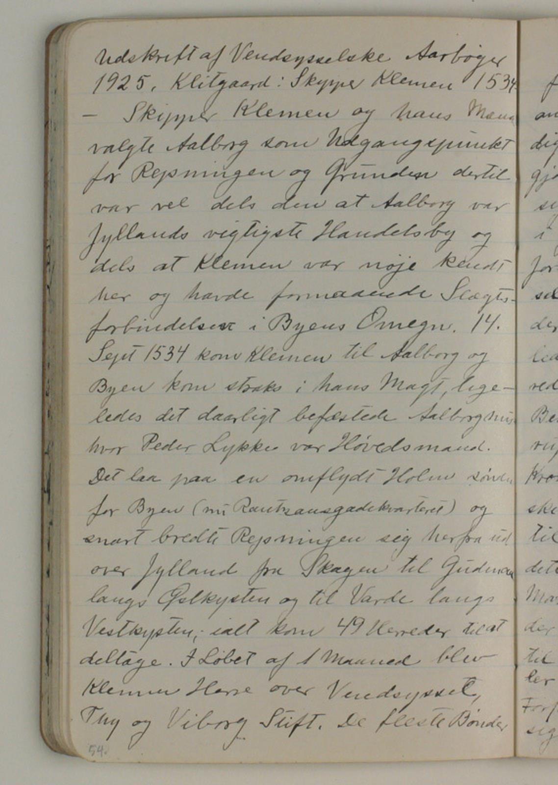 Niels Larsen Stevns, Notater vedrørende Skipper Klementes opstand og slaget ved Svendstrup mose. Afskrift efter Vendsyssel Aarbøger 1925