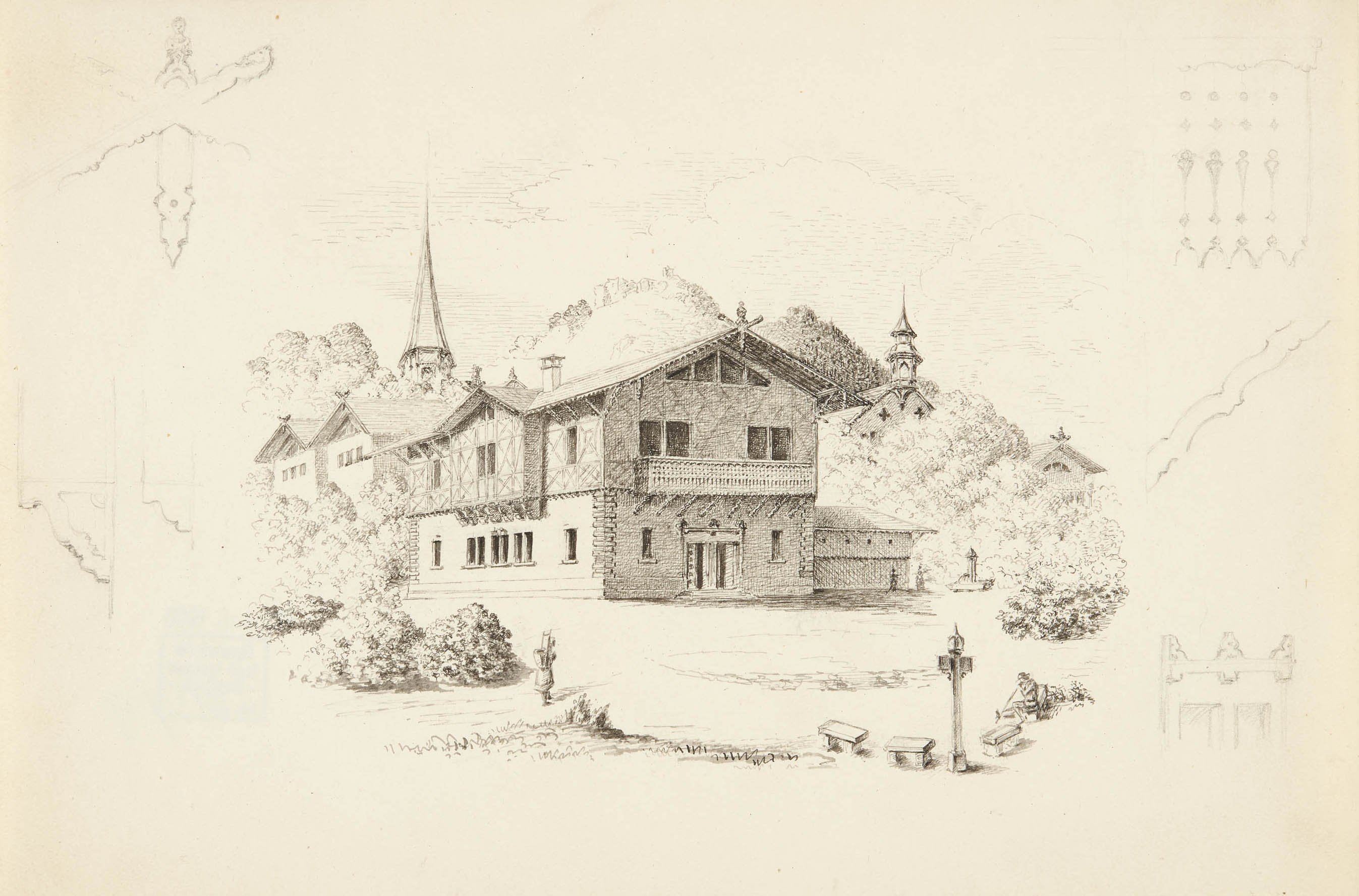 Verlag der G. Ebner'schen Kunsthandlung, Entwurf zu "Skizzen zu ländlichen Gebäuden unter Benützung des Gebirgsstyls von J. E. Zeller, Architekt. Verlag der Georg Ebnerschen Kunsthandlung Stuttgart 1851"