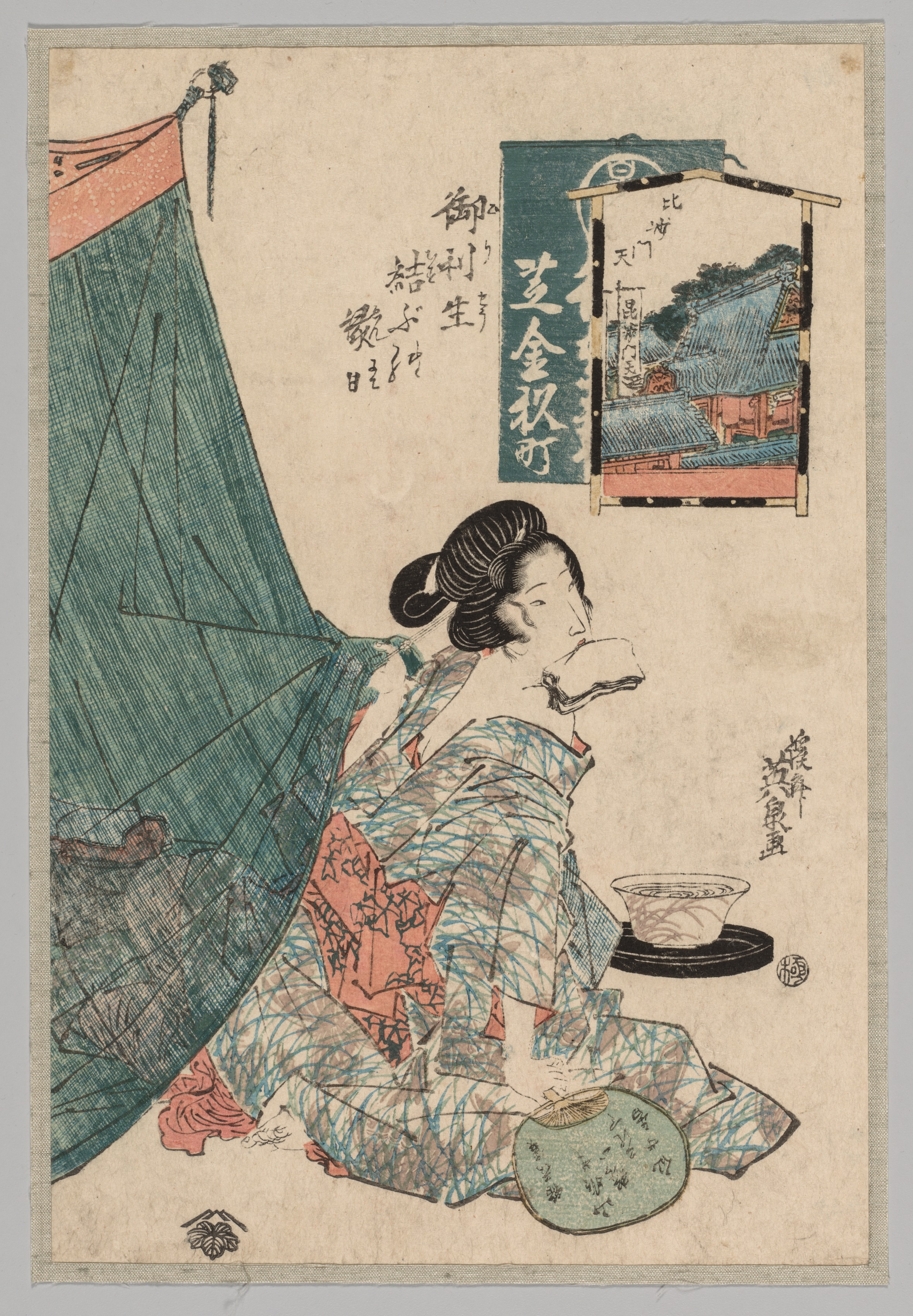 Keisai Eisen, Woman with Papers in Mouth and Fan in Hand
