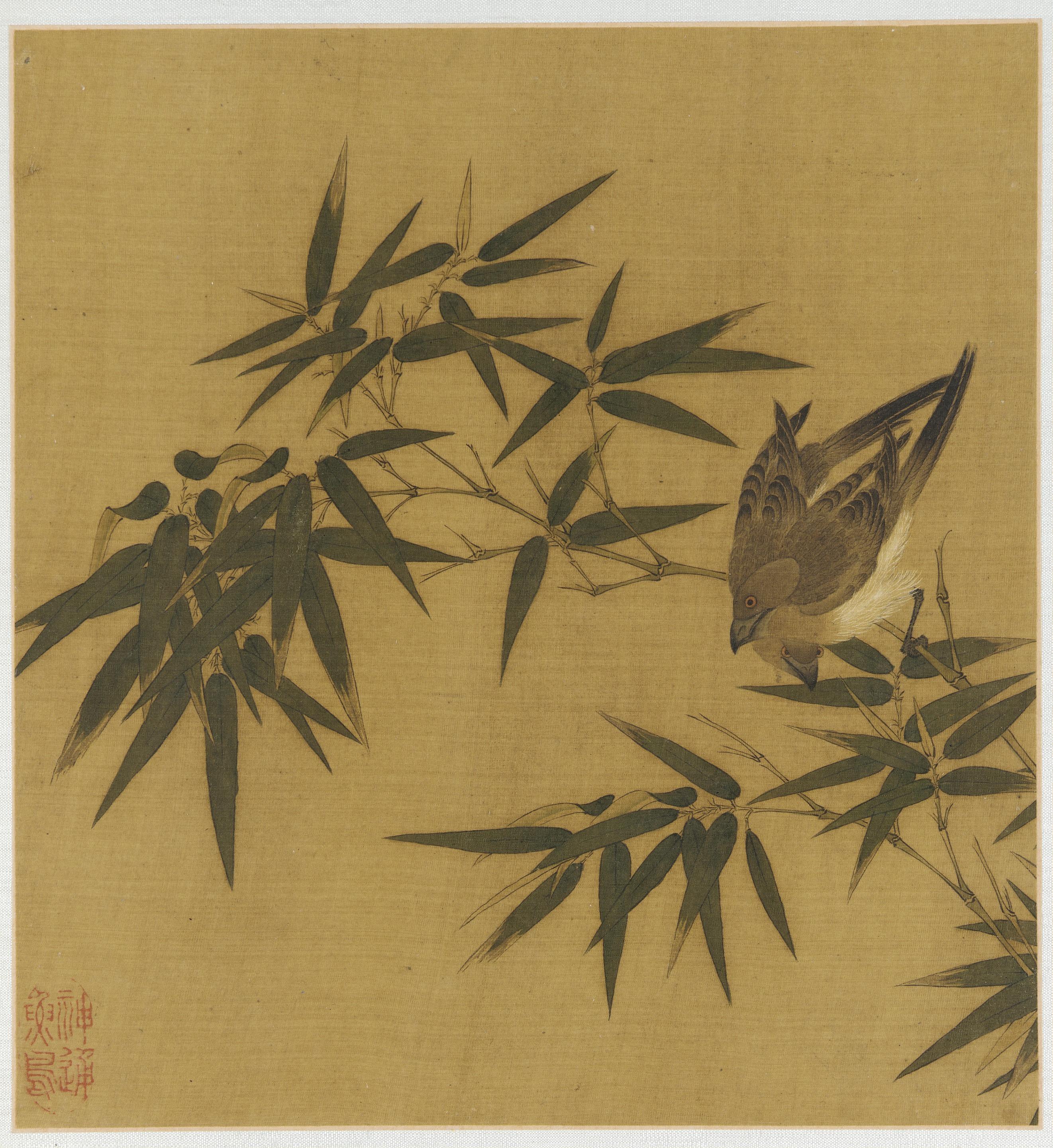 Formerly attributed to Zhao Boju, Two birds swinging on a branch of bamboo