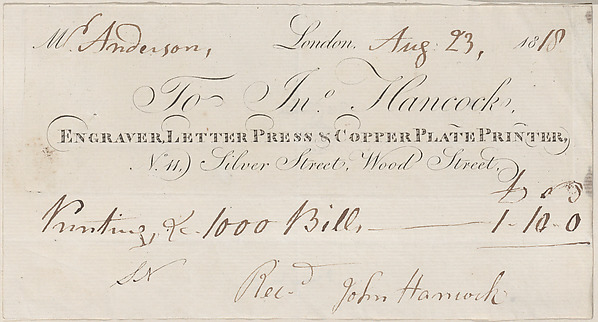Anonymous, British, 19th century, Trade Card for John Hancock, Engraver and Printer