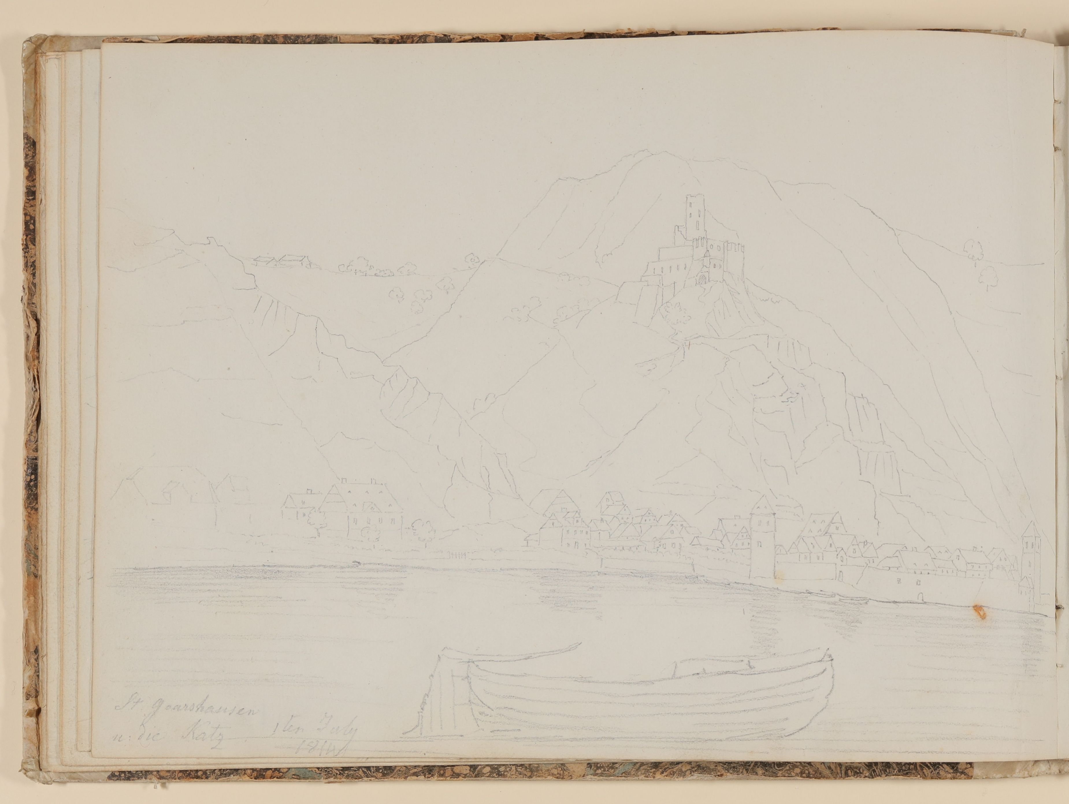 Rosette Städel, St. Goarshausen mit Burg Katz, vom Wasser aus gesehen [aus einem Skizzenbuch der Rosette Städel, Blatt 18v]