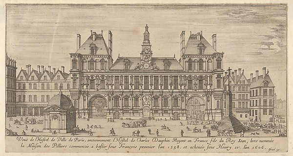Israel Silvestre, View of the façade of the Hôtel de Ville, Paris, in the foreground a cross on a stepped platform and a freestanding domed building