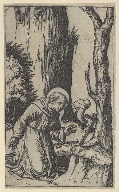 Marcantonio Raimondi, Saint Francis of Assisi praying before a crucifix, from "Piccoli Santi" (Small Saints)