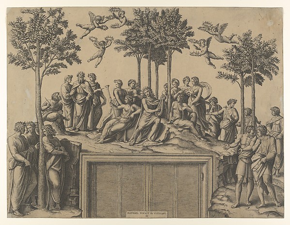 Marcantonio Raimondi, Apollo sitting on Parnassus surrounded by the muses and famous poets