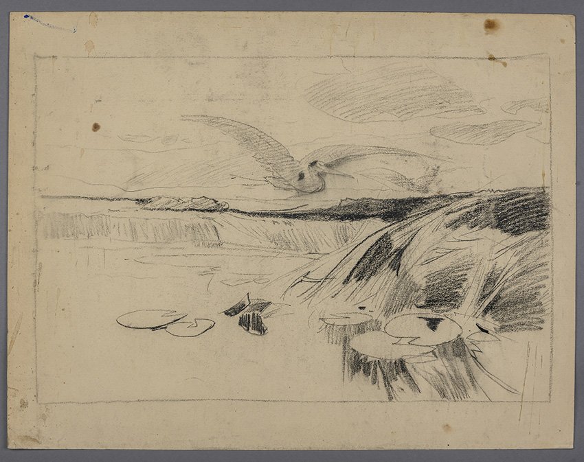 Karl Hagemeister, Seeufer mit fliegendem Fischreiher, um 1896/1905