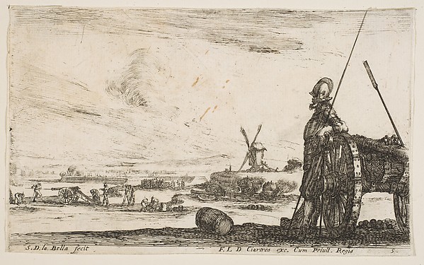 Stefano della Bella, A Pikeman standing at right next to a canon, other military figures in the background, plate 5 from "Various Military Caprices" (Varii capricci militari)