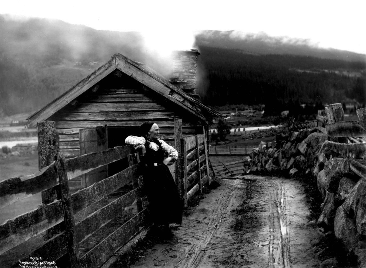 Anders Beer Wilse, Kvinne i drakt fra Hallingdal, lent opp mot et gjerde. Hus i bakgrunnen, vei i forgrunnen.