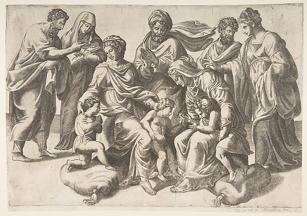 Giulio Bonasone, The Holy Kinship, in thecentre the Christ Child takes a bird given to him by the infant John the Baptist