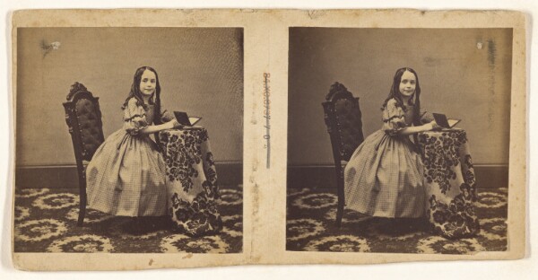 Unknown, [Little girl seated at a table with a cased daguerreotype opened] (recto); [Three men in a parlor, two seated] (verso)