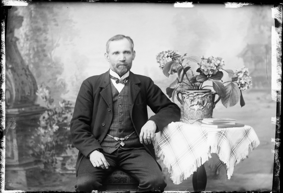 Skötsner-Edhlund, Ateljé portrait - man with beard sitting at a table, Östhammar, Uppland