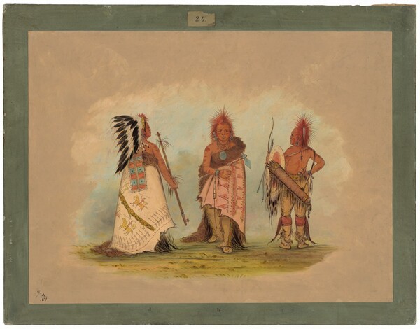 George Catlin, A Pawnee Chief with Two Warriors