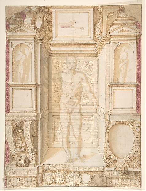 Giuseppe Arcimboldo, Study of a Figure in a Niche (Saint Ambrose; recto); Architectural Studies: Four Alternative Designs for Fictive Niches and an Unrelated Design with Garlands (verso), ca. 1560-67