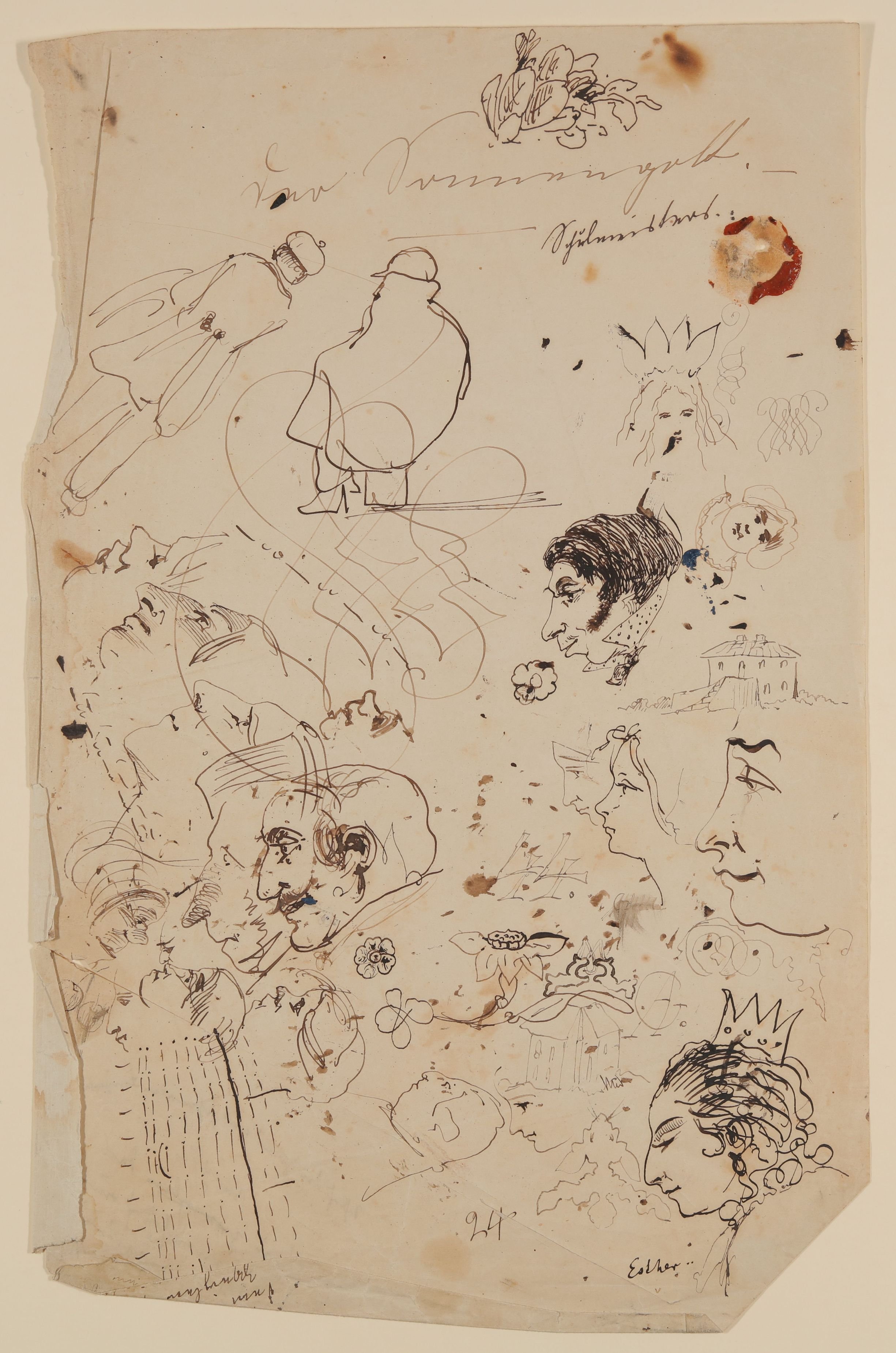 Gisela von Arnim, Skizzenblatt mit Kopfstudien, Schreibmeisterschnörkeln, Blumen, Zahlen und einem Haus [aus einer Mappe mit Skizzenblättern von Gisela von Arnim und Herman Grimm]