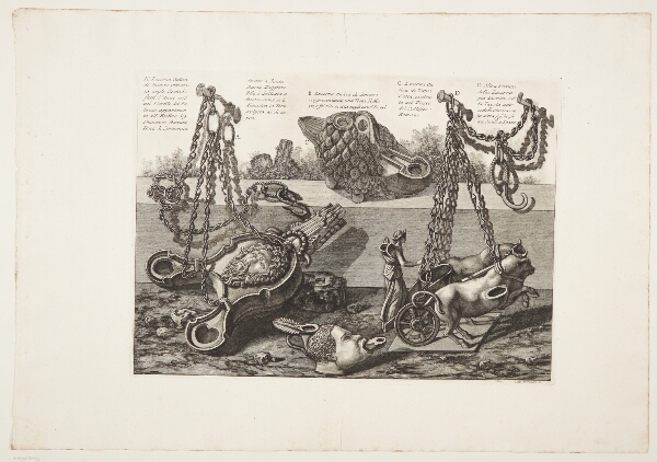 Giovanni Battista Piranesi, Lamper af terracotta og bronze, hvoraf en er formet som en vogn, trukket af to tyre og med Diana som vognstyrer