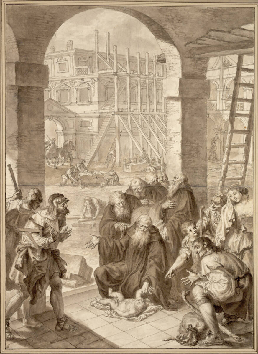 Anonym, Der heilige Benedikt erweckt ein totes Kind (Szenenfolge Nr. XXXII, LCI, Bd.V, Sp. 352). Die Szene ereignet sich unter Arkaden mit Durchblick auf ein Palais, an dessen Fassade gerade ein Gerüst angelegt wird; Staffagefiguren