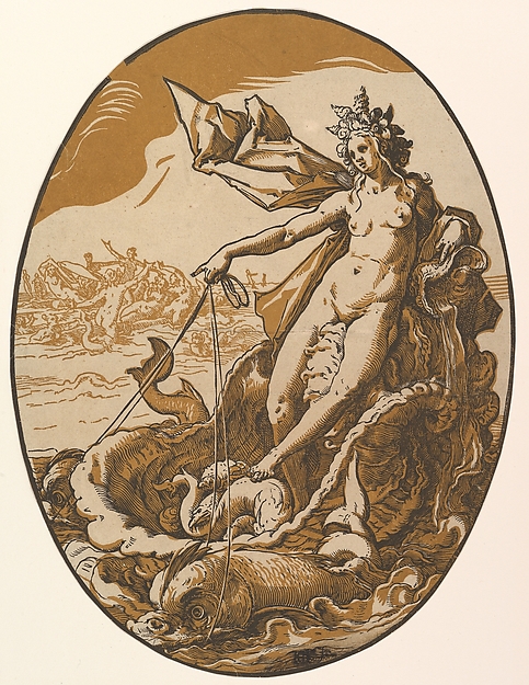 Hendrick Goltzius, Tethys reclining in a giant shell chariot pulled by two sea creatures, from "The Deities"