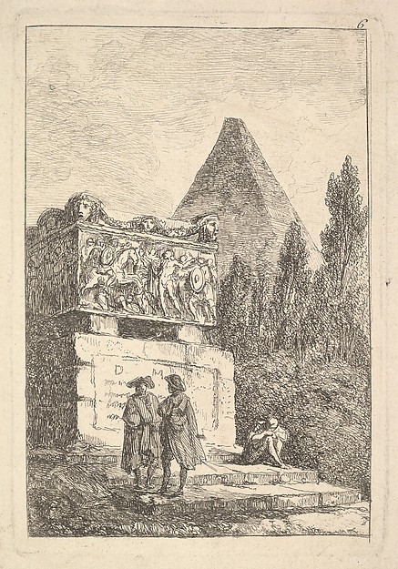 Hubert Robert, Plate 6: The Sarcophagus: two men conversing to left, another man seated and sleeping to right, an ancient sarcophagus to left decorated with reliefs, a pyramid to right in the background half-hidden by cyprus trees, from "Les soirées de Rome"