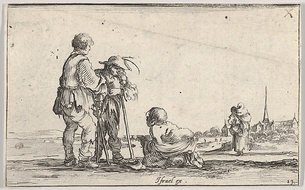 Stefano della Bella, Plate 13: Two peasants standing to left, a cripple kneeling on the ground in center, a woman carrying a child seen from behind to right in middleground, a church to right in background, from "Caprice faict par de la Bella"