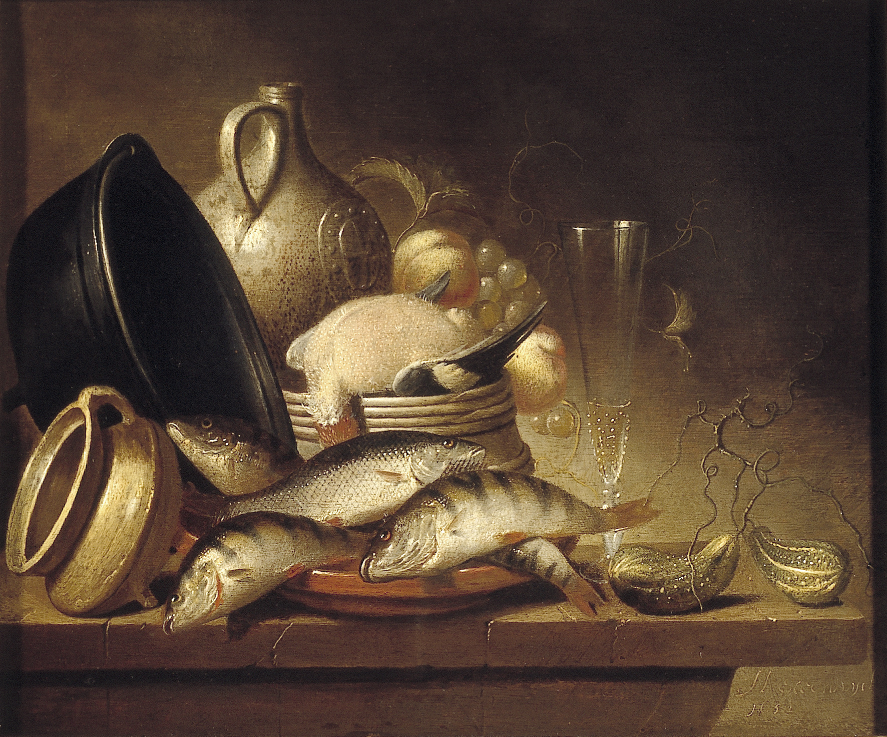 Harmen Steenwijck, Stilleven met vis, kookpot en andere objecten