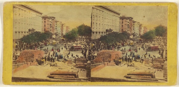 Edward and Henry T. Anthony & Co., Looking up Broadway from the corner of Fulton st. showing ruins of Barnum's Museum