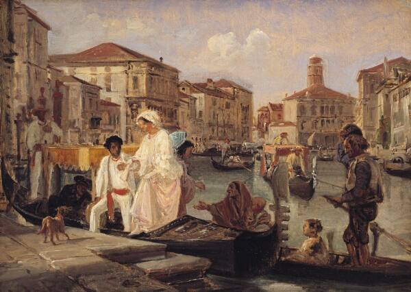 Wilhelm Marstrand, Landstigning i Venedig. En tiggergondol har på Canal Grande fulgt en herskabsgondol