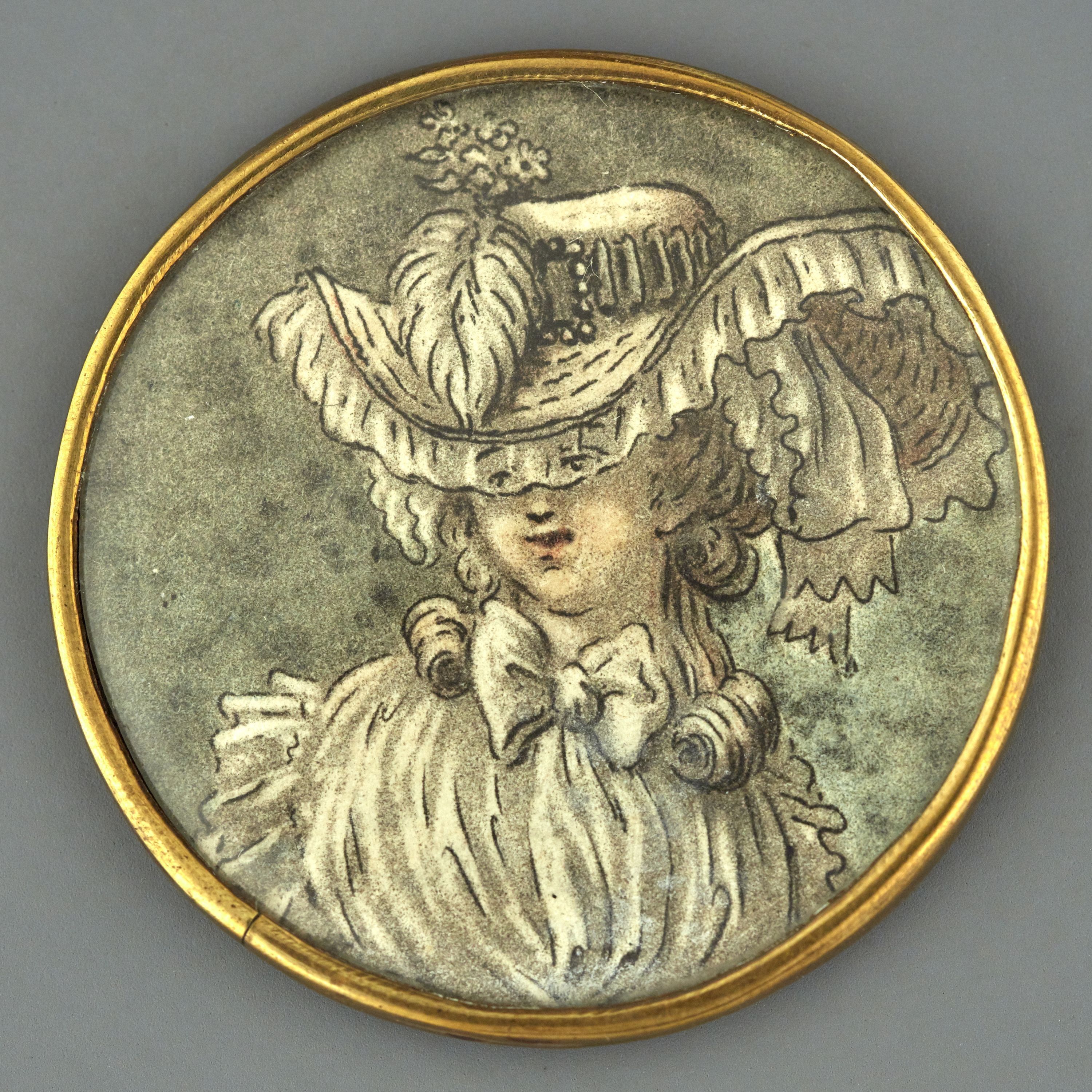 Anonyme, Bouton, dessin gravé par Janinet, aquatinte : portrait femme avec coiffure fin XVIIIe s.