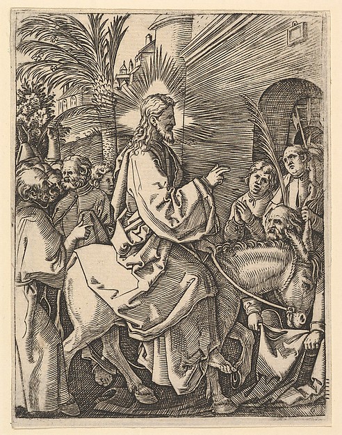 Marcantonio Raimondi, The Entry into Jerusalem;  Christ riding on a donkey towards an arched city gate; an elderly man spreads out his cloak on the road, from "The Passion of Christ", after Dürer