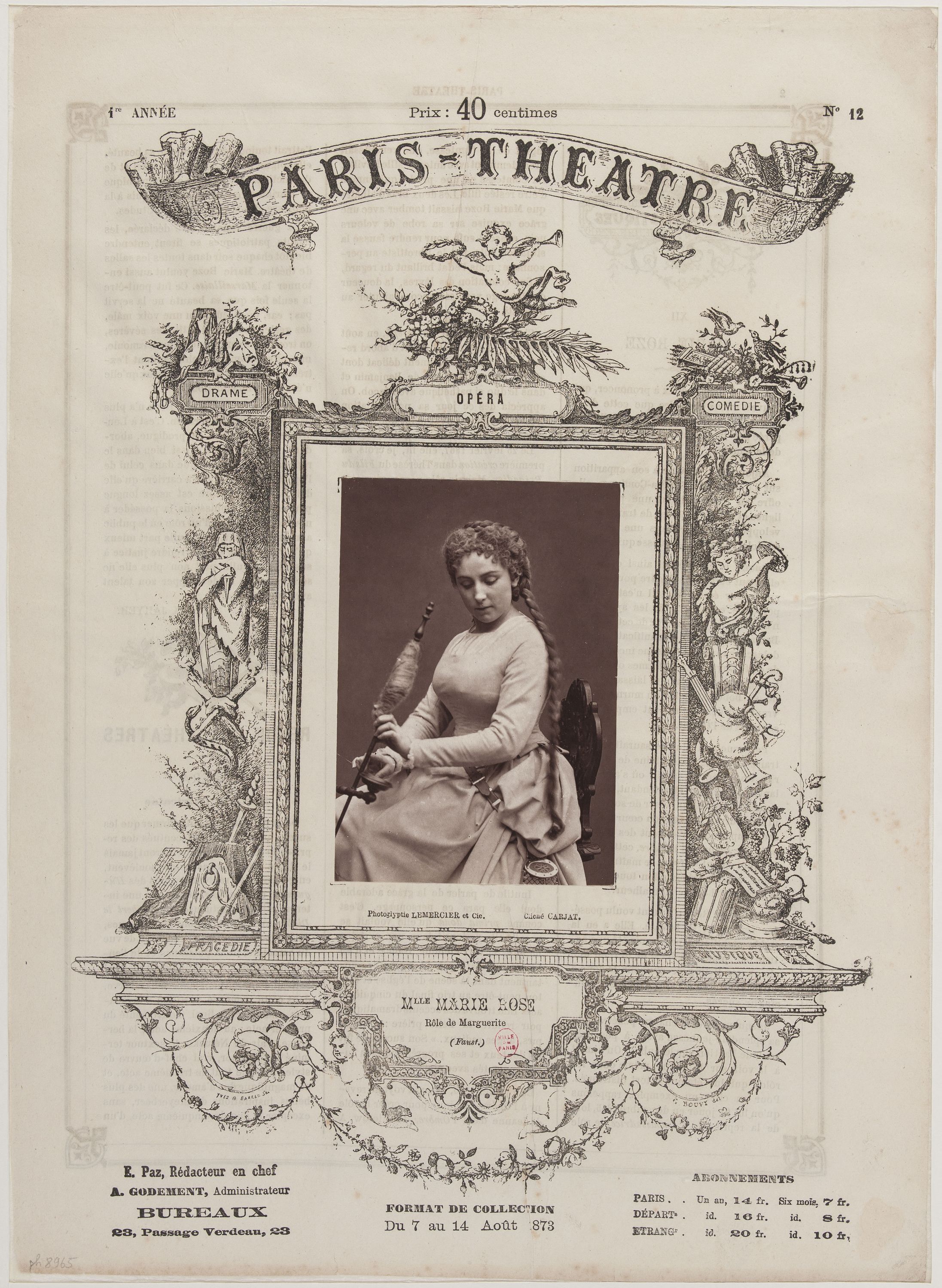 Etienne Carjat, Portrait de Mlle Marie Rose, comédienne, à la une du journal "Paris Théâtre", du 7 au 14 août 1873.