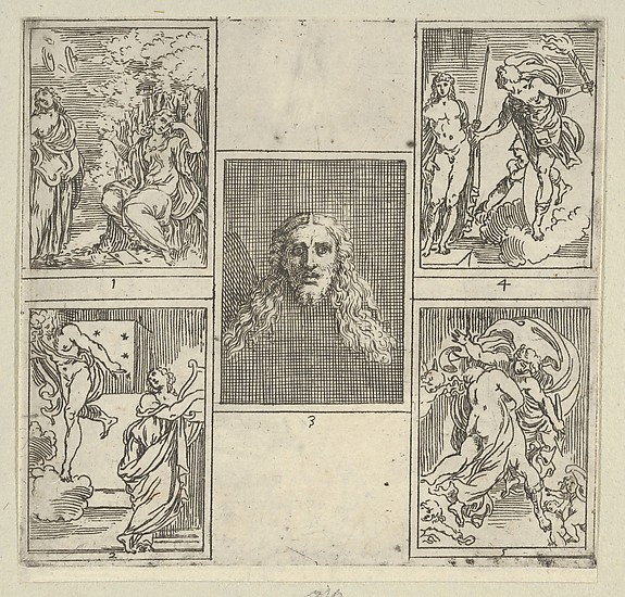 Guido Reni, Five numbered scenes, each after a painter in the Accademia Degl'Incamminati, from IL FUNERALE D'AGOSTINO CARRACCIO FATTO IN BOLOGNA SUA PATRIA DAGL'INCAMINATI Academici del Disegno: 1. Painting and Poetry mourning the death of Agostino Carracci, painted by Francesco Brizio; 2. Painting with a lyre…