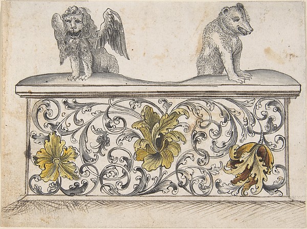 Anonymous, French, 19th century, Ornamental design for front of a chest with winged lion and bear
