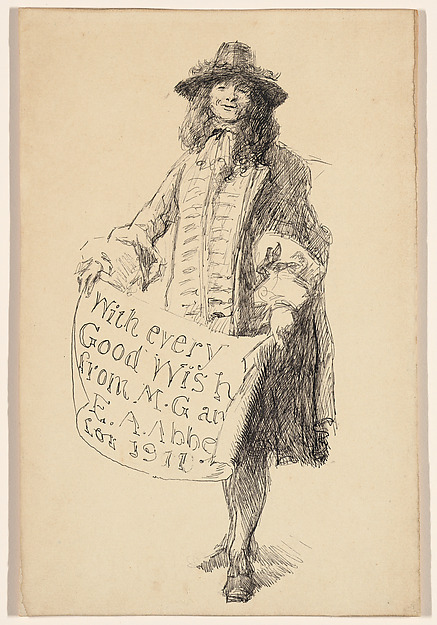 Edwin Austin Abbey, Man in seventeenth-century dress holding a scroll: With every Good Wish from M. G. and E. A. Abbey for 1911