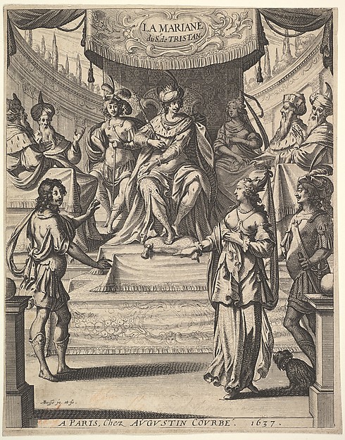 Abraham Bosse, Frontispiece for "Tristan L'Hermite": Marianne standing to right before Herod and his court at top center, being accused by the butler at left of poisoning her husband